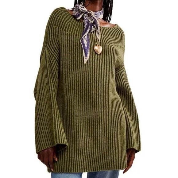 Free People New Charlotte Tunic Sweater Boat Neck Chive Combo Green Size Small - Picture 1 of 16